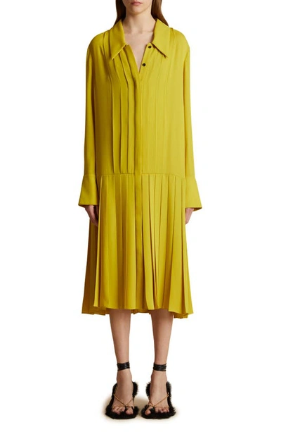 Khaite Helli Pleated Silk Crepe De Chine Midi Shirt Dress In Yellow