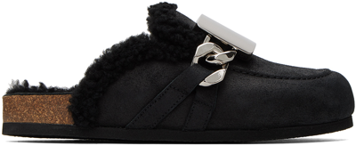 Jw Anderson Plaque Chain Suede Mules In Black
