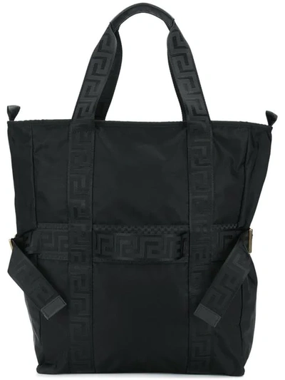 Versace Logo Compression Strap Tote In Black