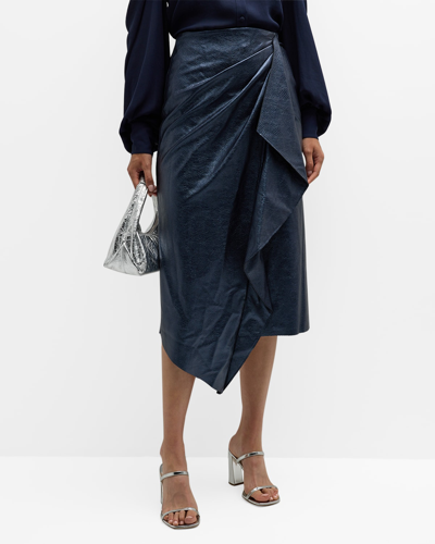 Ramy Brook Quinn Draped Faux Leather Midi Skirt In Navy Faux Leather