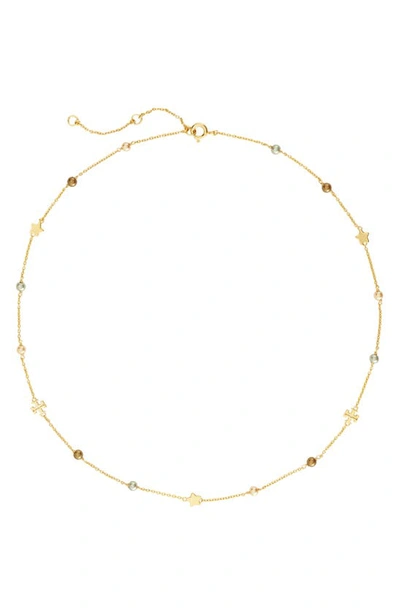 Tory Burch Delicate Kira Imitation Pearl Station Necklace In Tory Gold / Brown