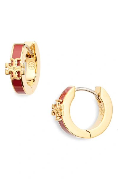 Tory Burch Kira Enamel Huggie Earrings In Tory Gold / Tomato Red