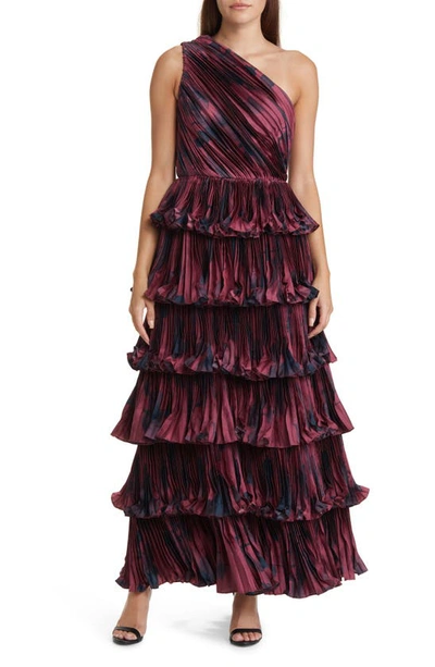 Hutch Enza Tiered One-shoulder Gown In Wine Watercolor Floral