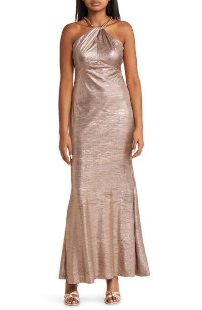Vince Camuto Metallic Embellished Twist Neck Gown In Taupe