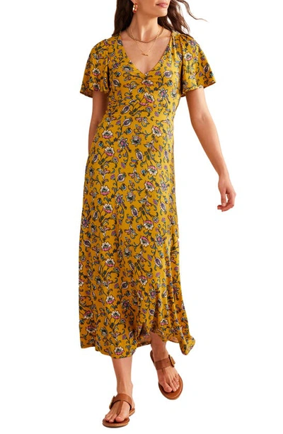 Boden Paisley Flutter Sleeve Midi Dress In Mustard Seed, Meadow Fall