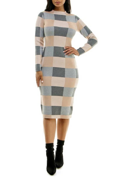 Nina Leonard Jacquard Long Sleeve Sweater Dress In Grey/ Tan Multi
