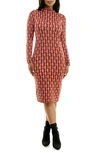 Nina Leonard Jacquard Long Sleeve Sweater Dress In Walnut Multi