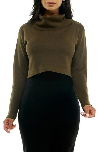 Nina Leonard Colorblock Long Sleeve Sweater Dress In Black/ Dark Olive