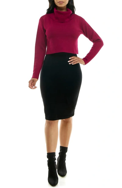 Nina Leonard Colorblock Long Sleeve Sweater Dress In Sangria/ Black