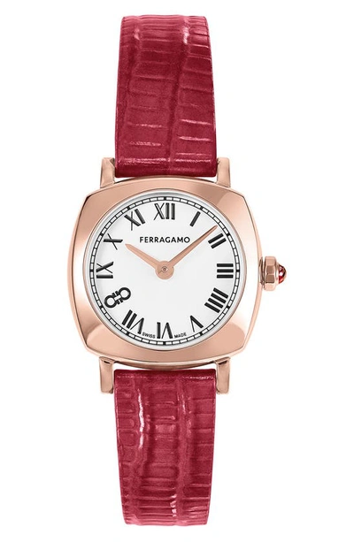 Ferragamo Soft Square Leather Strap Watch, 23mm In White/red
