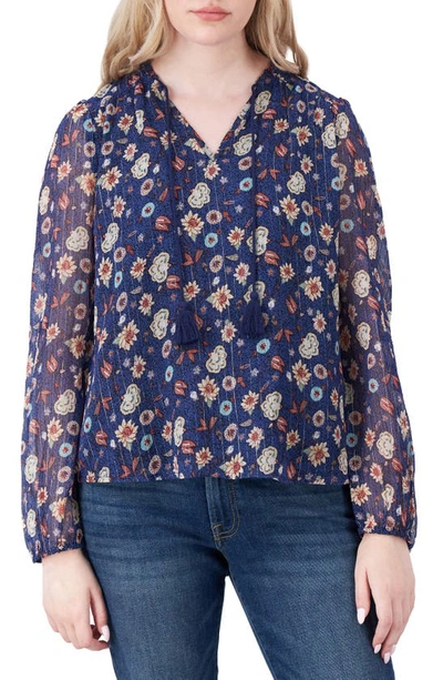 Lucky Brand Floral Long Sleeve Blouse In Navy Multi