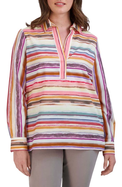 Foxcroft Sophia Watercolor Stripe Cotton Popover Tunic In Multi Stripe