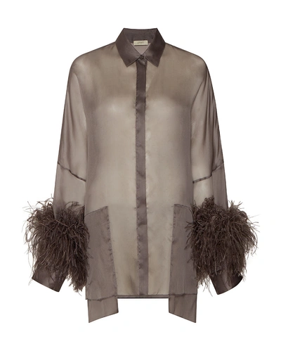 Lapointe Organza Oversized Shirt With Feathers In Steel