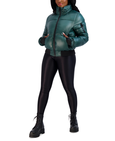 Steve Madden Juniors' Faux-fur-lined Hooded Puffer Coat, Created For Macy's In Shine Hunter Green