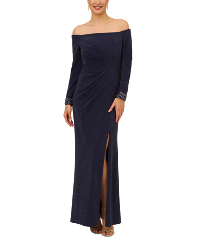 Adrianna Papell Women's Off-the-shoulder Beaded-cuff Metallic Gown In Navy Ngiht