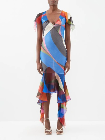 Pucci Asymmetric Printed Silk-crepon Midi Dress In Rosso/blu