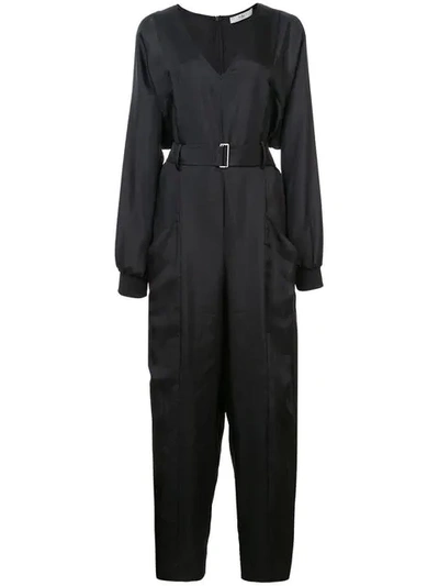 Tibi Mendini Twill V-neck Jumpsuit With Ribbed Cuff In Black