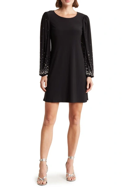 Tash And Sophie Faux Pearl Long Sleeve Cocktail Minidress In Black