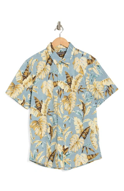 Slate & Stone Palm Print Short Sleeve Cotton Poplin Button-up Shirt In Faded Blue Leaf Print