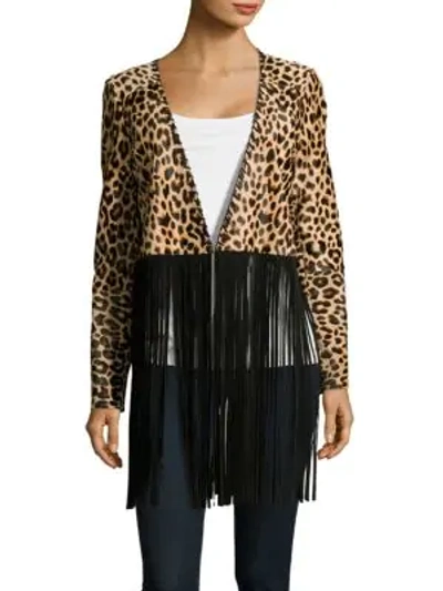 Theperfext Christy Suede Fringe Jacket In Leopard