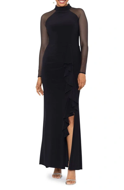 Betsy & Adam Illusion Mesh Long Sleeve Scuba Gown In Black