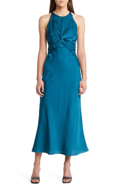 Floret Studios High Neck Twisted Bodice Sleeveless Dress In Teal