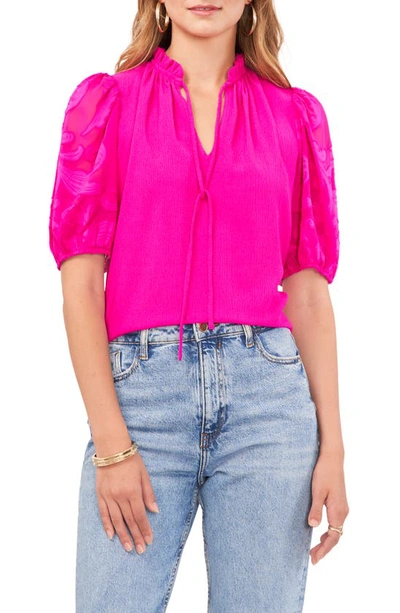 Vince Camuto Floral Sleeve Tie Neck Blouse In Frcly Fuchsia