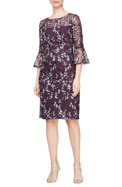 Alex Evenings Floral Embroidered Illusion Neck Cocktail Dress In Eggplant