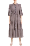 Max Studio Crepe 3/4 Sleeve Button Front Maxi Dress In Navy/ Terra Geo Triangles