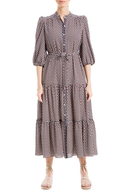 Max Studio Crepe 3/4 Sleeve Button Front Maxi Dress In Navy/ Terra Geo Triangles