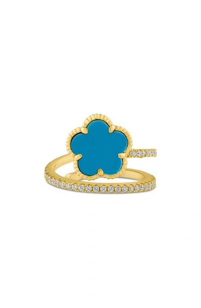 Cz By Kenneth Jay Lane Women's Look Of Real 14k Goldplated, Synthetic Turquoise & Cubic Zirconia Clover Wrap Ring In Turquoise/ Gold