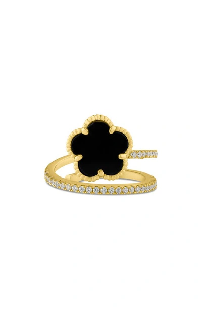 Cz By Kenneth Jay Lane Pavé Clover Wrap Ring In Black/ Gold