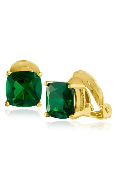 Cz By Kenneth Jay Lane Cushion Cut Cubic Zirconia Clip-on Earrings In Emerald/ Gold