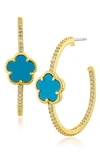 Cz By Kenneth Jay Lane Pavé Clover Hoop Earrings In Turquoise/ Gold