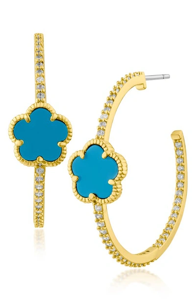 Cz By Kenneth Jay Lane Pavé Clover Hoop Earrings In Turquoise/ Gold