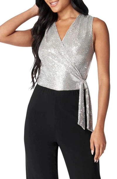 Bebe Disco Dot Wrap Tie Jumpsuit In Silver,black