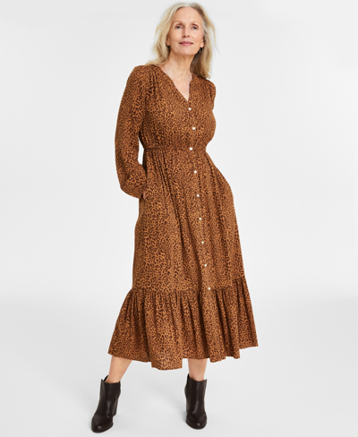 Style & Co Petite Animal-print Long-sleeve Maxi Dress, Created For Macy's In Leopard Caramel