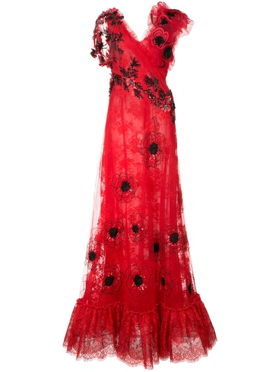 Rodarte Floral Lace Maxi Dress In Red