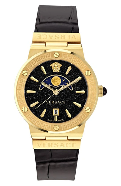 Versace Women's Swiss Greca Logo Black Leather Strap Watch 38mm In Ip Yellow Gold
