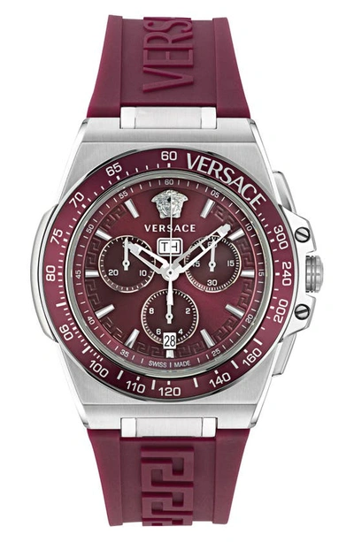 Versace Men's Swiss Chronograph Greca Extreme Burgundy Silicone Strap Watch 45mm In Stainless Steel