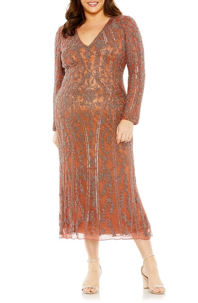 Fabulouss By Mac Duggal Embellished Long Sleeve Midi Cocktail Dress In Rosewood