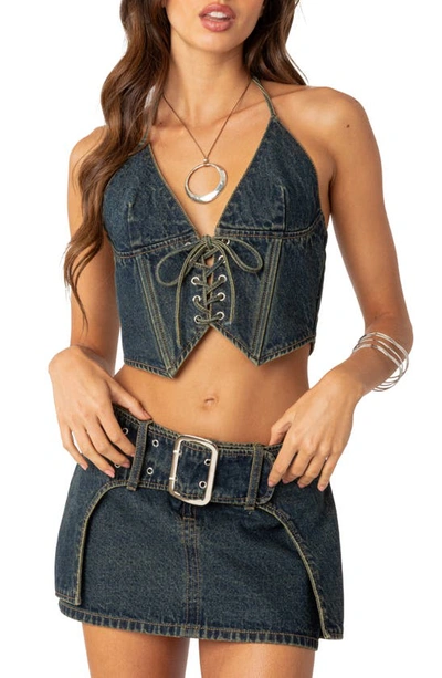 Edikted Elara Lace-up Denim Corset Halter Top In Blue