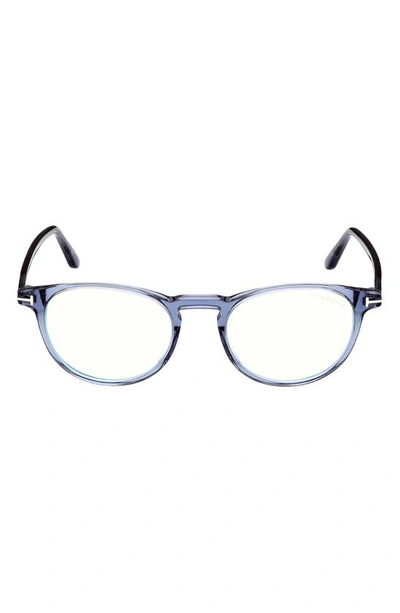 Tom Ford 51mm Round Blue Light Blocking Optical Glasses In Shiny Blue