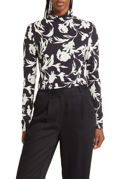 Nordstrom Signature Print Turtleneck Top In Black- Ivory Brushed Blooms