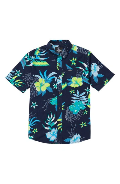 Volcom Kids' Sunriser Floral Short Sleeve Button-up Shirt In Navy