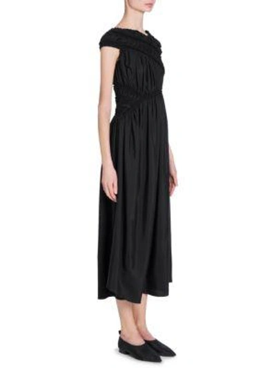 Jil Sander Silk Ruched Asymmetric Midi Dress In Black