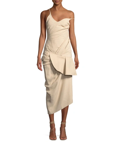 Jacquemus La Robe Sol Gathered One-shoulder Midi Dress In Beige