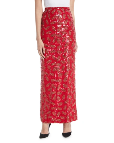 Brandon Maxwell Pineapple-embroidered Straight Midi Skirt In Red
