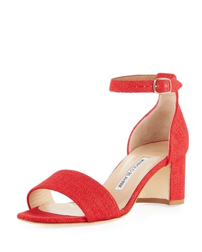 Manolo Blahnik Laura Tomod Linen Ankle Sandal In Red