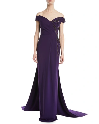 Pamella Roland Off-the-shoulder Stretch-crepe Evening Gown W/ Crystal-beading In Purple Pattern